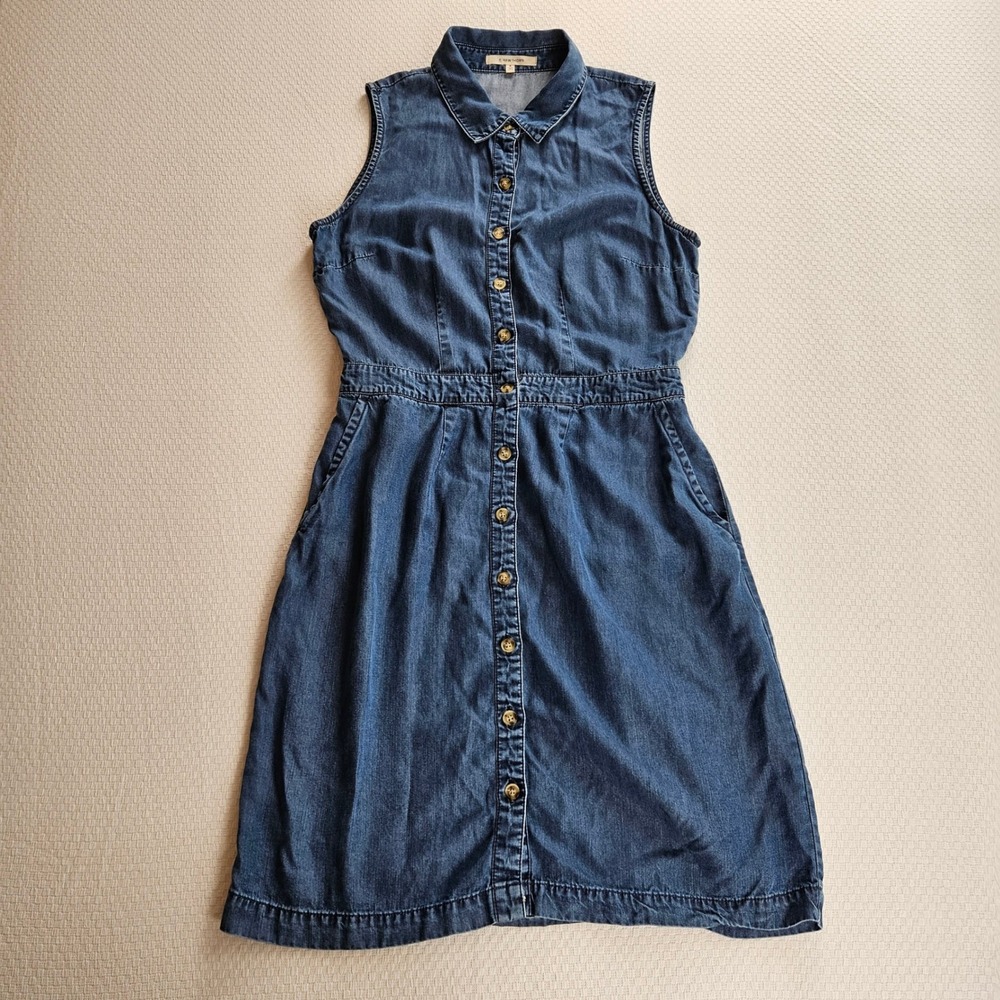 Womens Blue Sleeveless Denim Button Shirt Dress 4 Collar Western Lyocell Pockets
